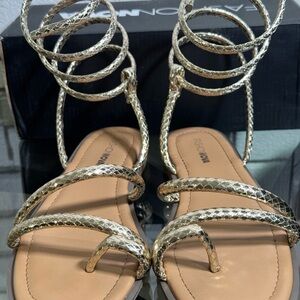 Fashion Nova Gold Snake-Effect Spiral Wrap Sandals